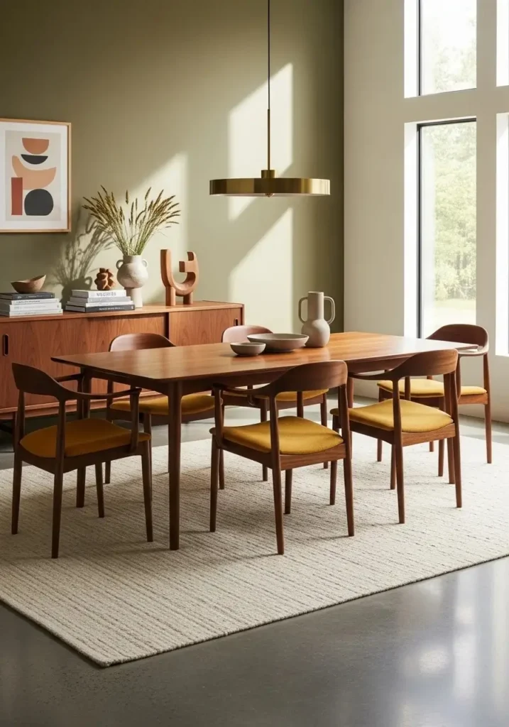 Dining room with large area rug grounding the mid century dining space