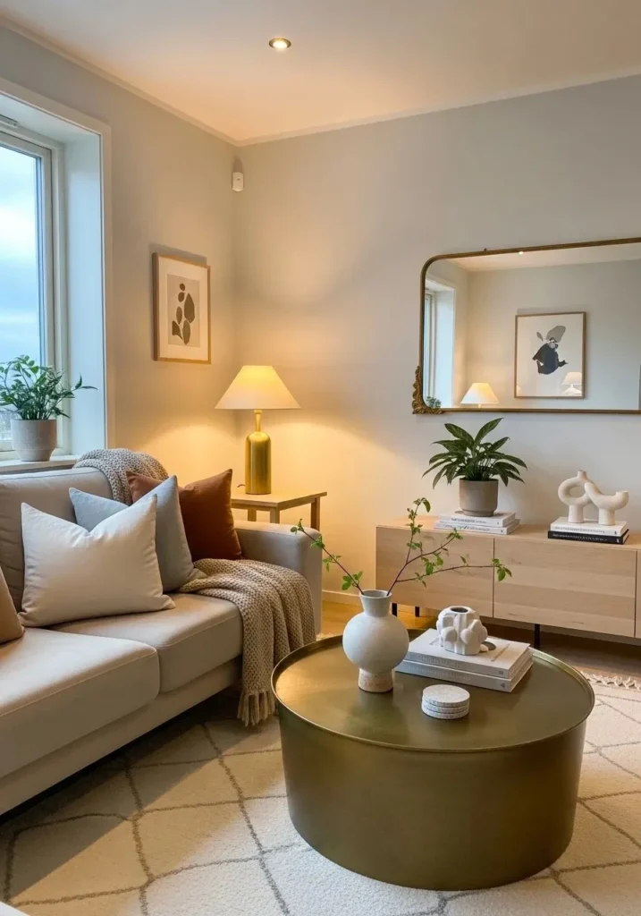 Scandinavian living room with warm brass accents.