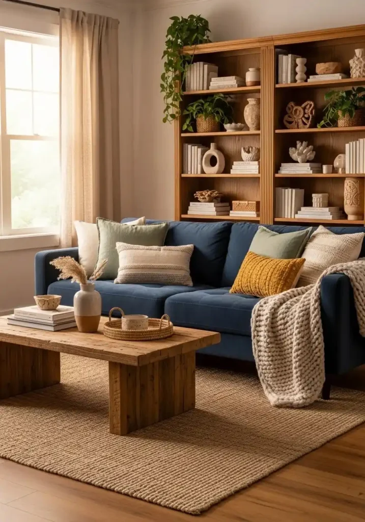Natural wood elements warming up a navy and sage living room.