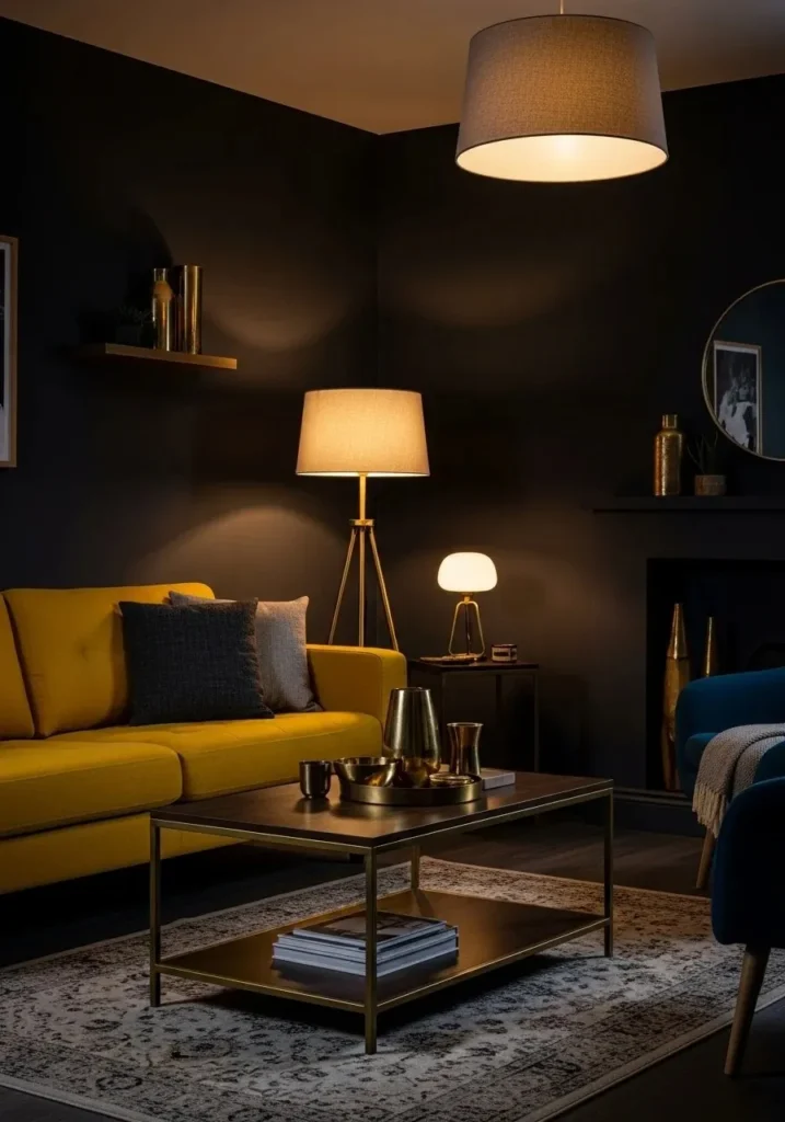 Yellow couch with dark wall.