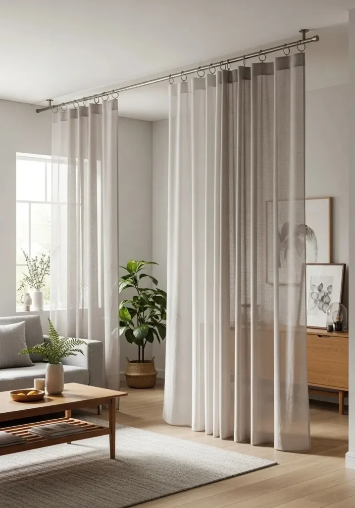 curtain and rod divider in living room
