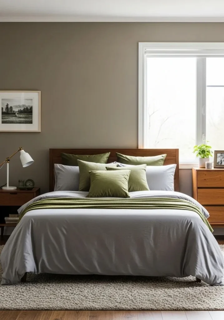 Cozy cabin bedroom in earth tones of taupe, olive, and soft gray, creating a calm and harmonious space.