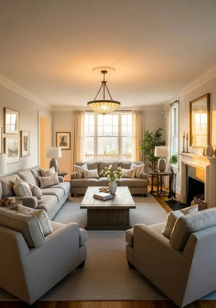 central conversation seating layout in long living room