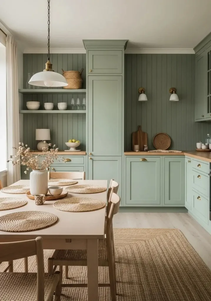 color drenched sage green dining room