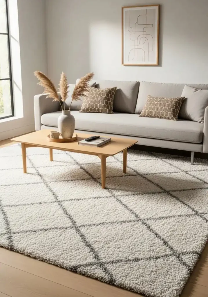 Textured shag rug under modern living room furniture.