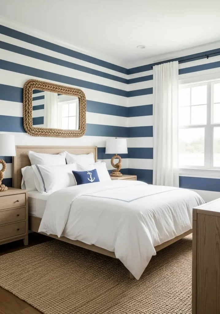 Coastal bedroom with subtle nautical accents and striped decor