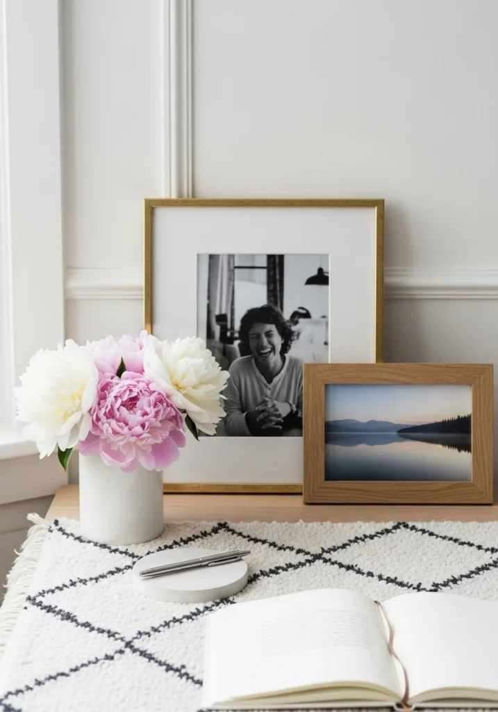 Home office desk with personal touches, including flowers, photos, and minimal décor for a warm workspace.