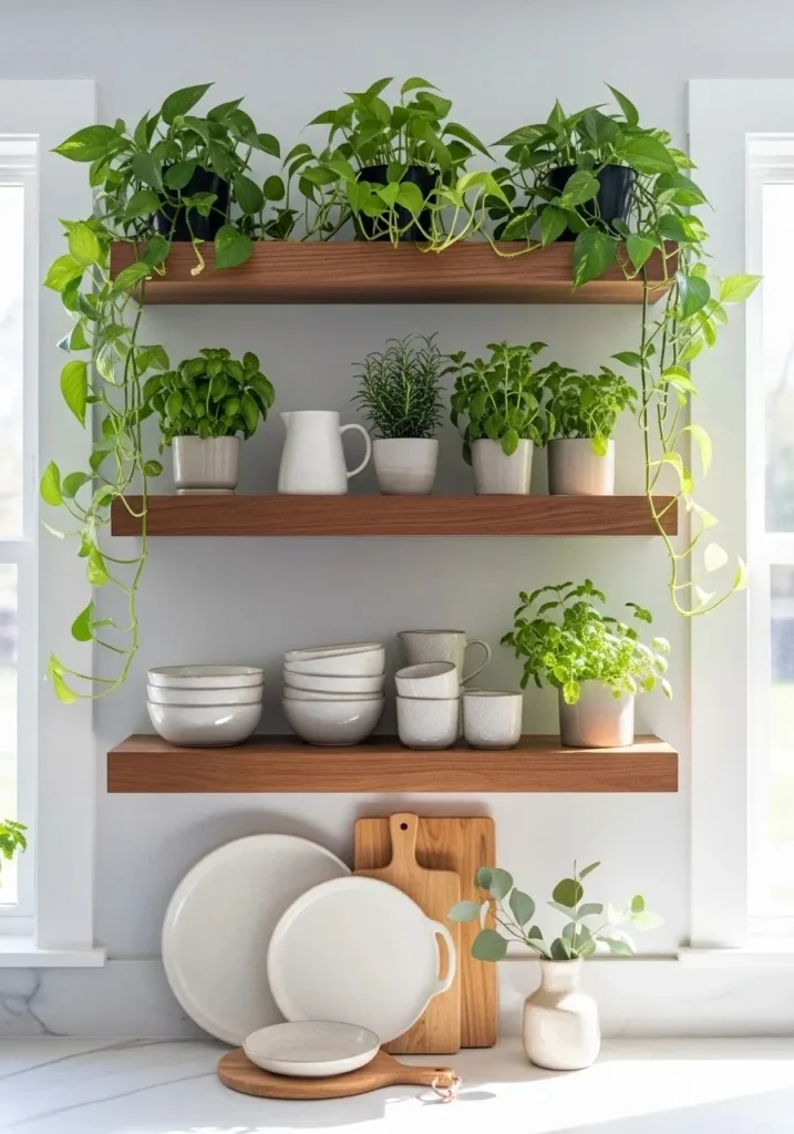 floating shelves kitchen with plants and greenery