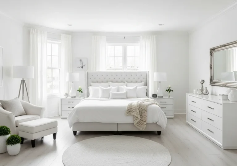 Full view of Beautiful white bedroom look