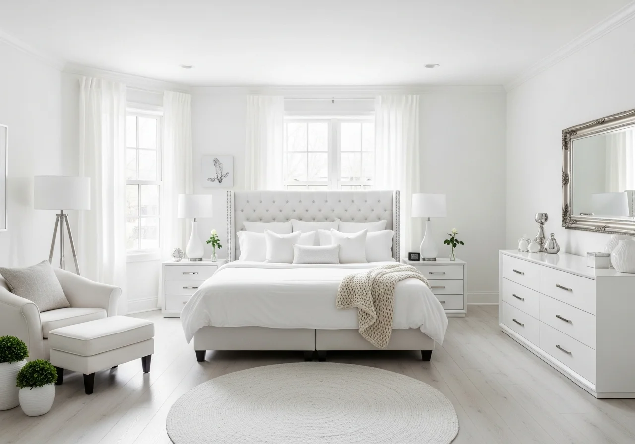 Full view of Beautiful white bedroom look