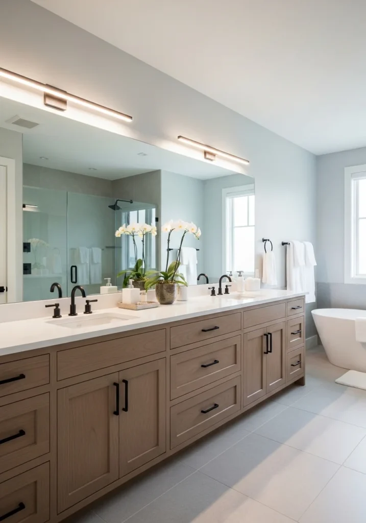 Double-sink bathroom cabinets in neutral tones with organized drawers and large mirror