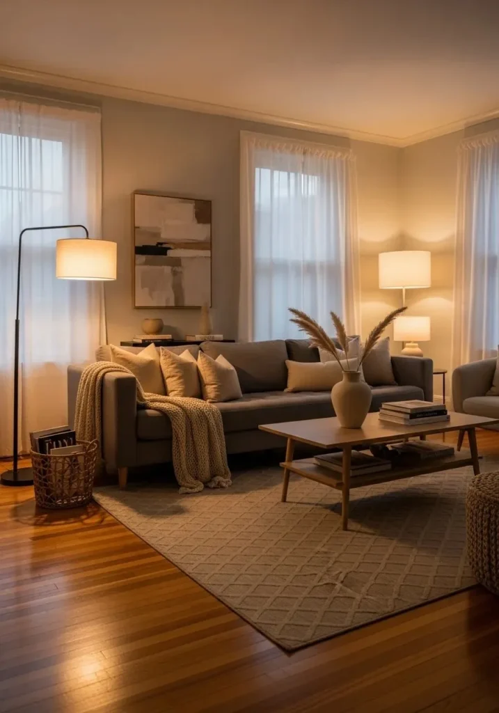 Gray sofa with beige accents in a cozy neutral living room