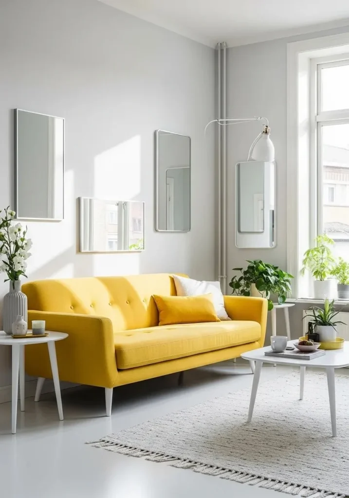 Yellow couch in small living room.