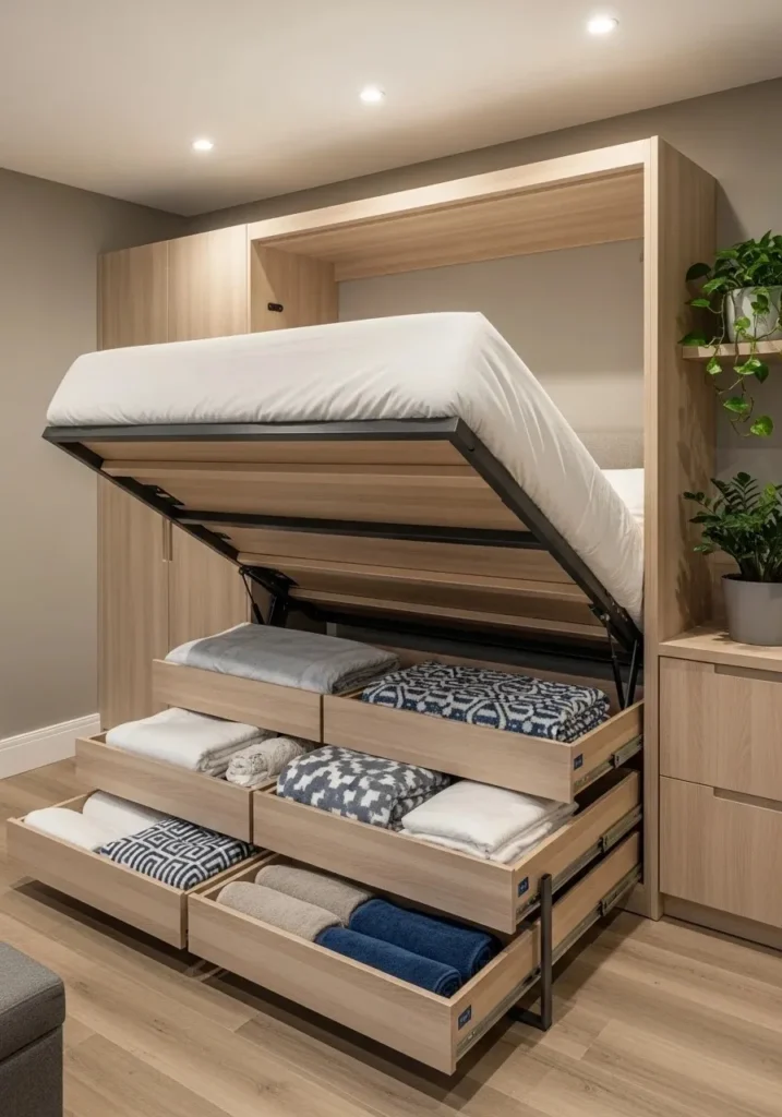 Murphy bed with integrated storage drawers for bedding and essentials, maximizing small bedroom space.
