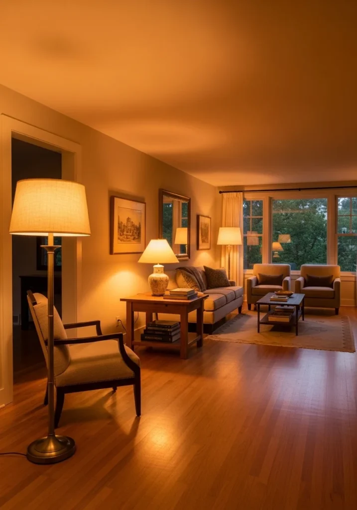 layered lighting in long living room to define zones