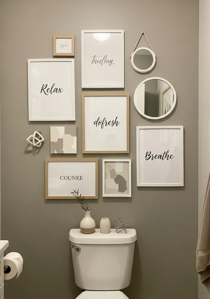 Bathroom gallery wall with decor items.