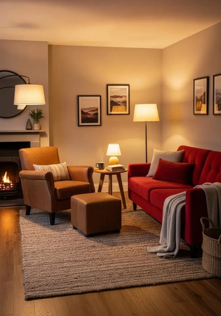 Red sofa with leather accents.