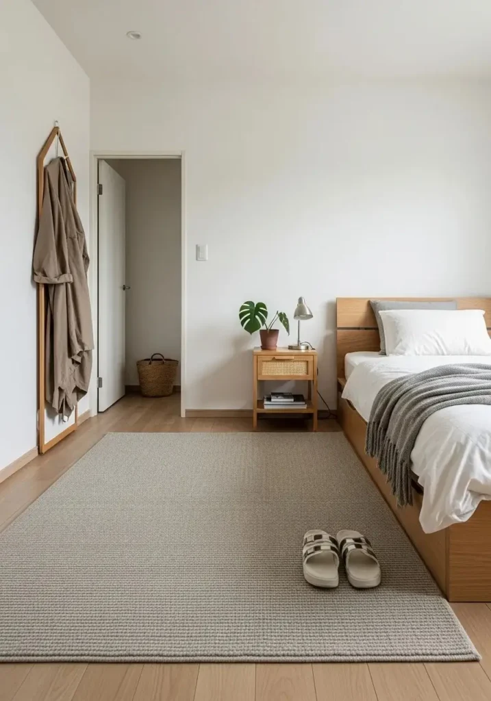 Neutral area rug in a Japanese-inspired bedroom