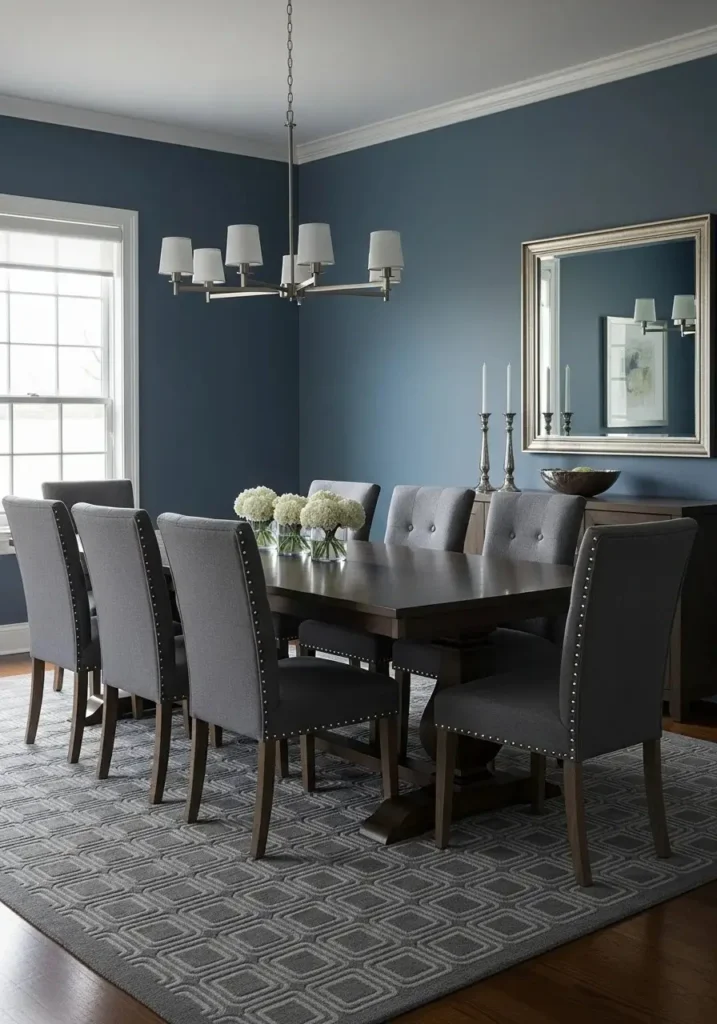 Elegant blue and gray dining room with muted metallics, offering a timeless and balanced atmosphere.