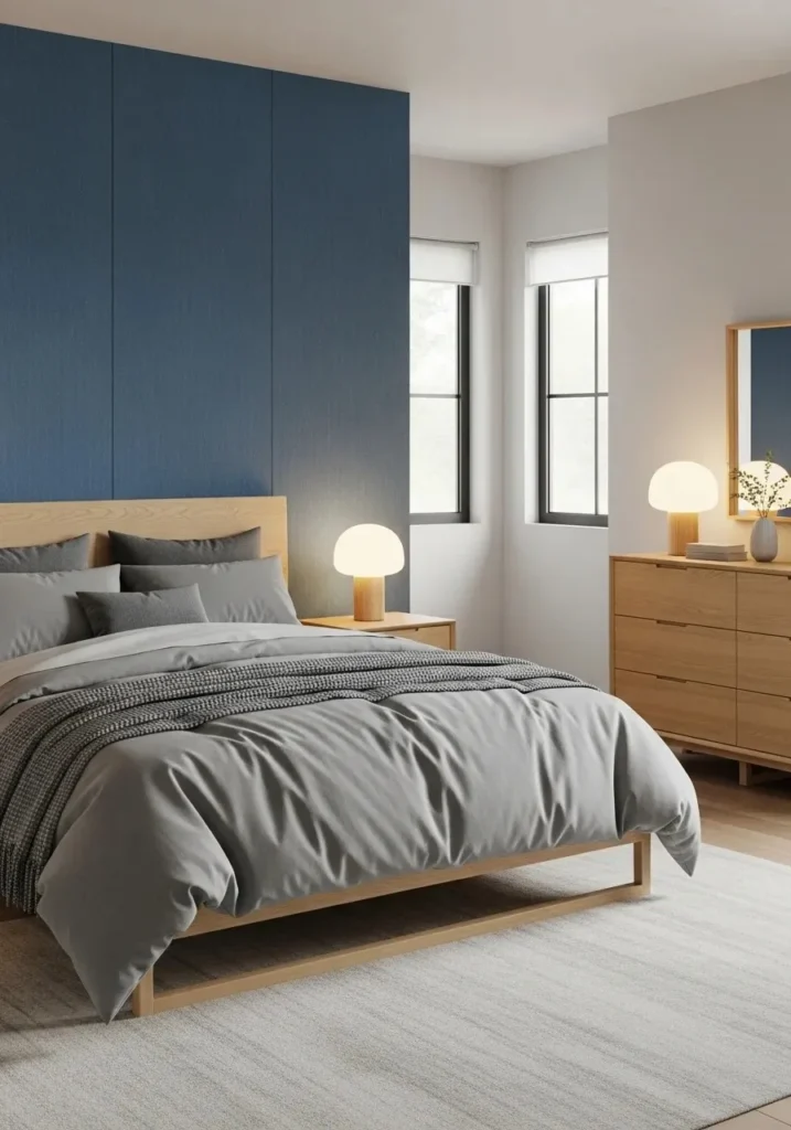 Denim blue accent wall bedroom with soft gray bedding and casual, relaxed styling