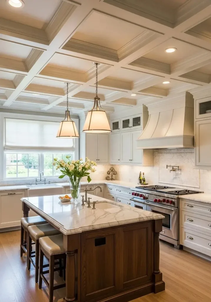 Coffered kitchen ceiling with recessed panels and pendant lighting for architectural interest