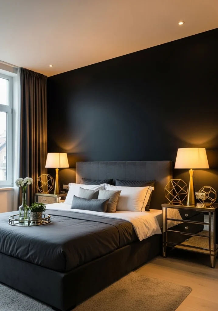 Black accent wall with gold metallic accents and elegant styling