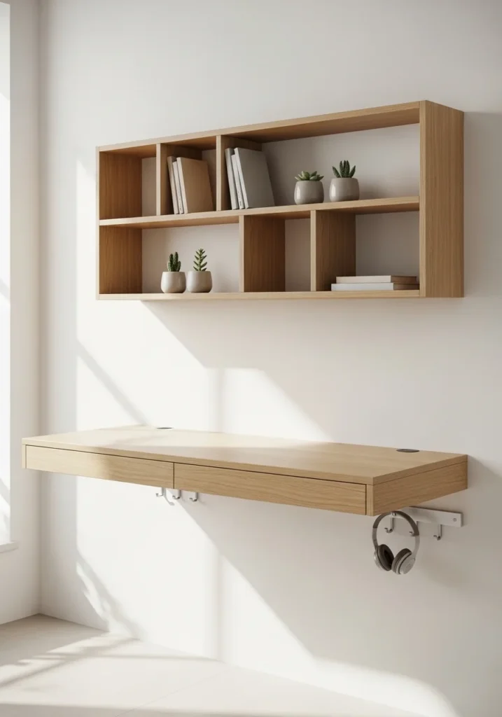 Floating wall-mounted desk with integrated shelves and storage, perfect for a small office.