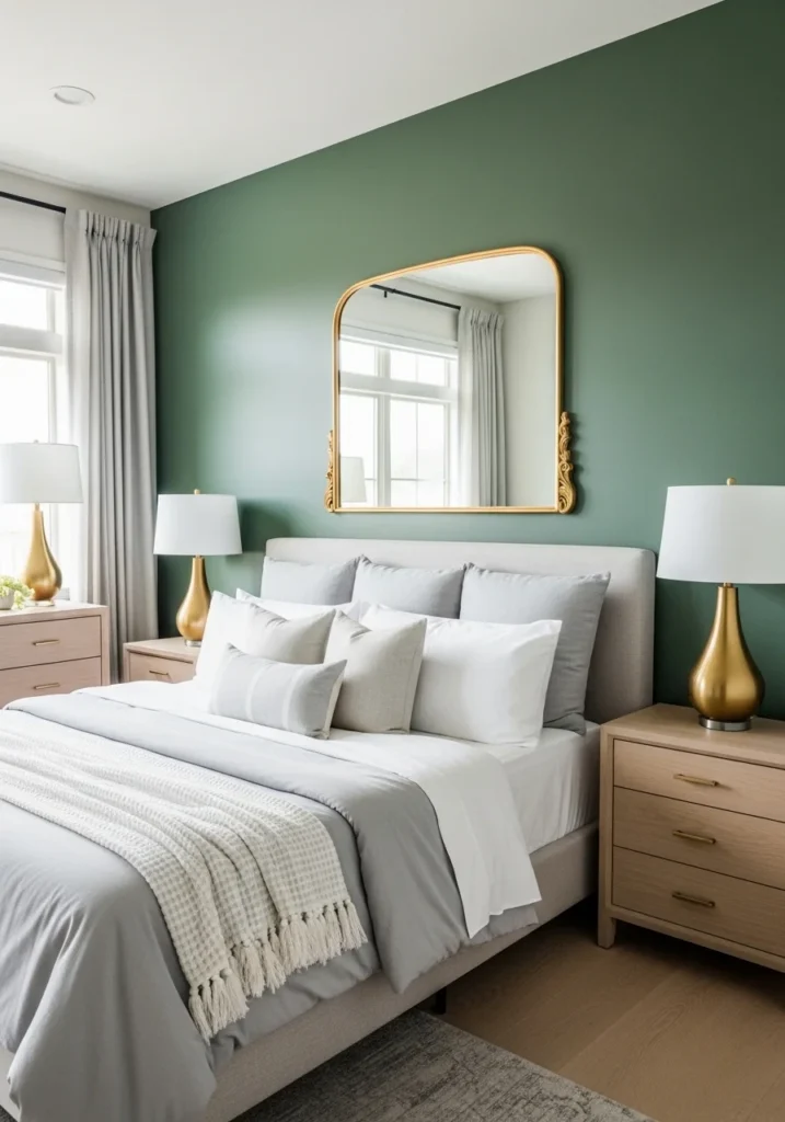 Green accent wall paired with gold decor in bedroom for a luxurious and stylish look.