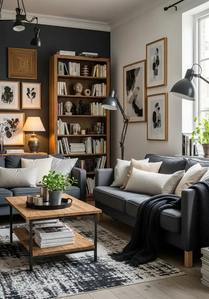 Balanced living room with charcoal couch mixing light and dark decor elements.