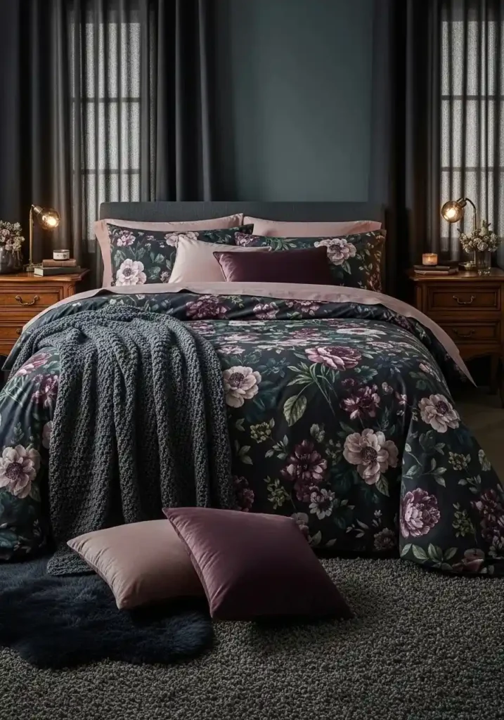 Moody floral bedding with dark walls in bedroom