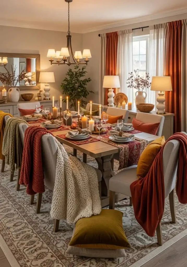 Boho dining room with layered textiles adding comfort and warmth