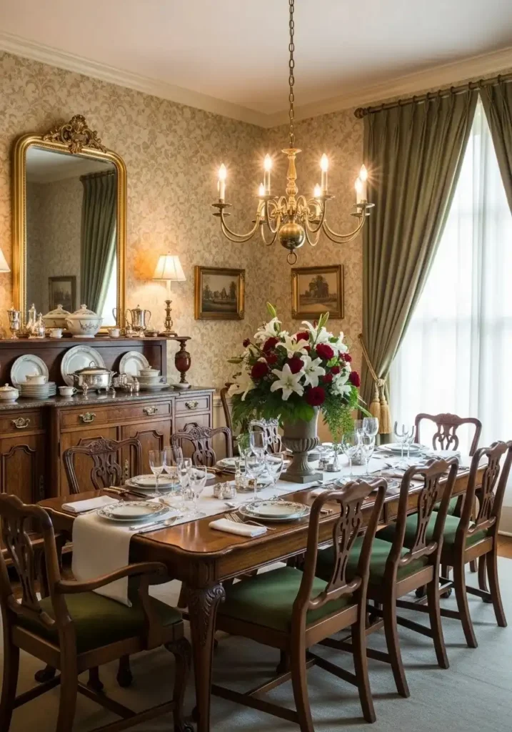 dining room with vintage-inspired wallpaper