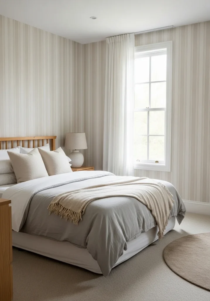 Bedroom with vertical striped wallpaper accent wall creating height