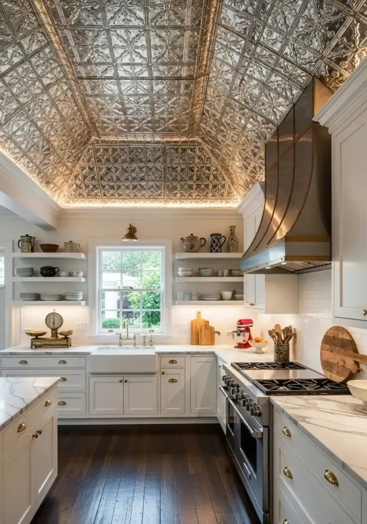 Kitchen ceiling with decorative metal tiles for bold statement and vintage charm