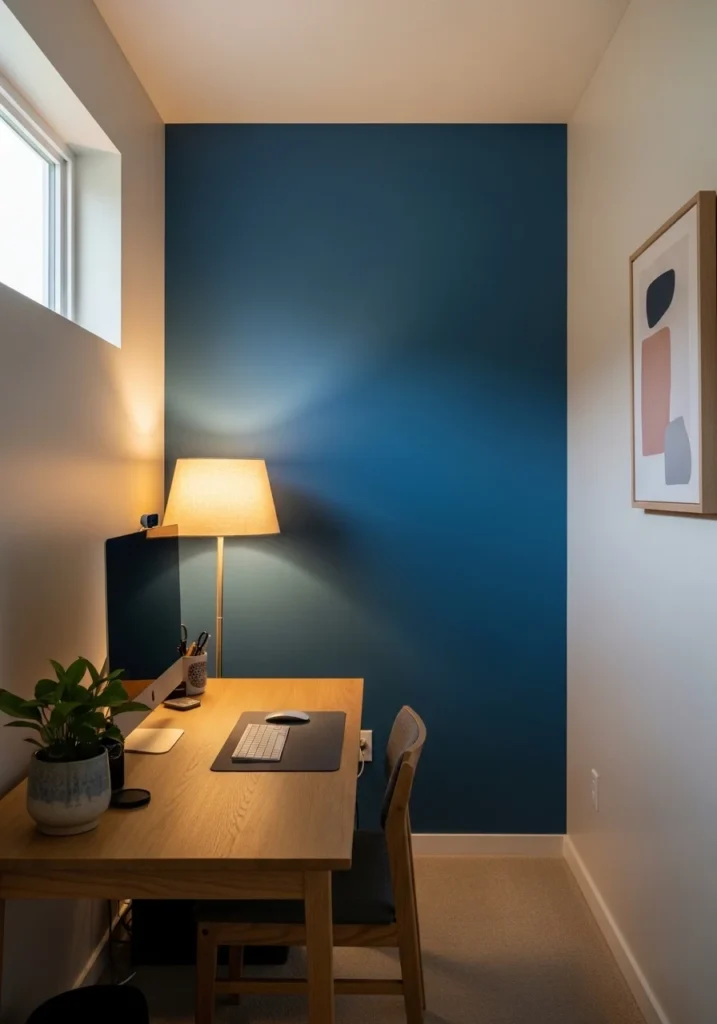 Home office featuring a bold accent wall in deep blue, creating a stylish and focused workspace.