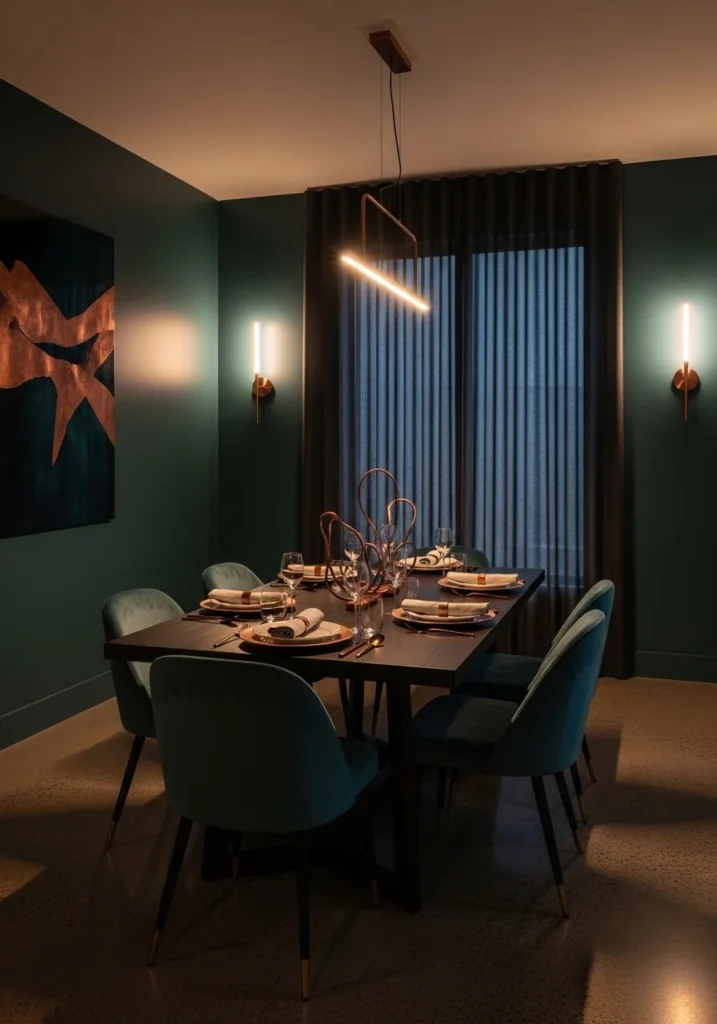 Moody teal dining room with velvet chairs and copper accents, creating a bold and inviting dining space