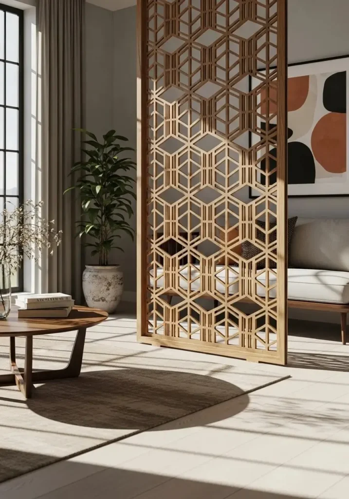 Decorative screen panel casting shadows in room