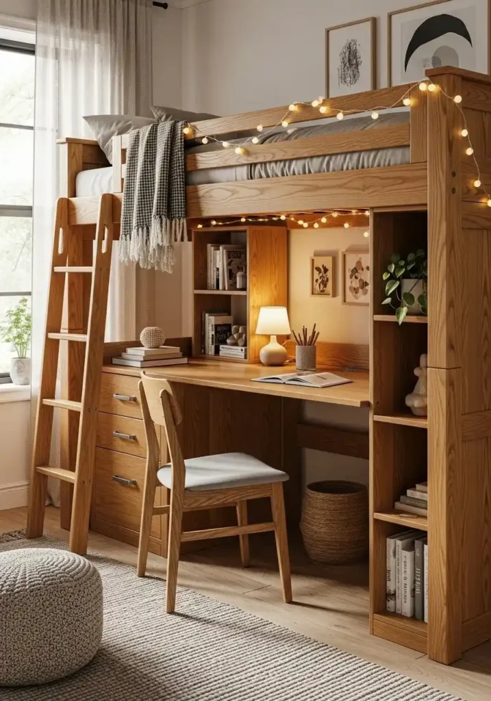 Classic wooden loft bed with a built-in desk underneath, cozy and functional for study or work.