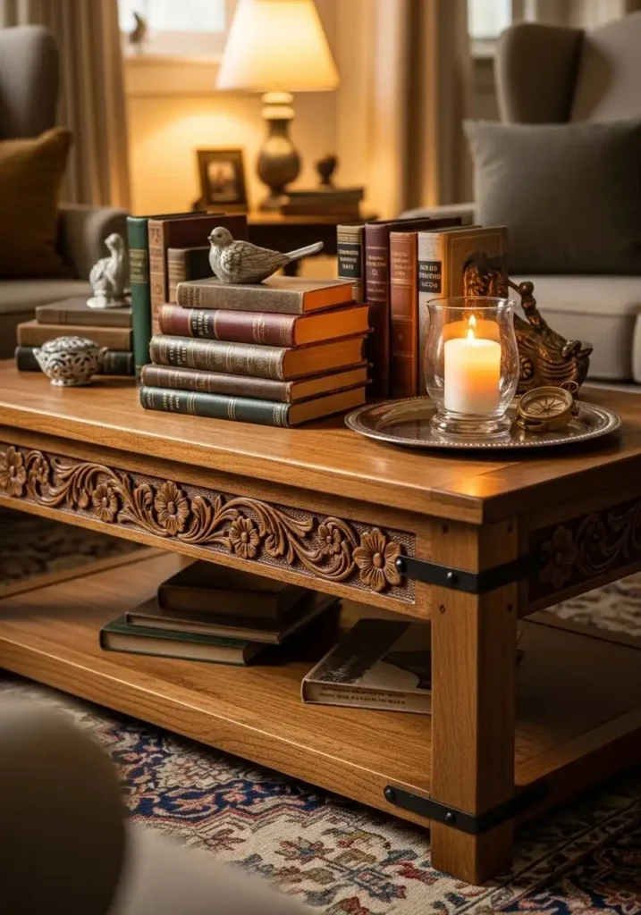 Vintage coffee table with carved details adding character to living room.