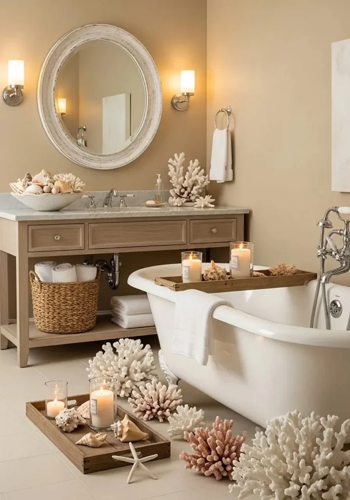 Seashell and ocean-inspired decor adding coastal charm to a bathroom