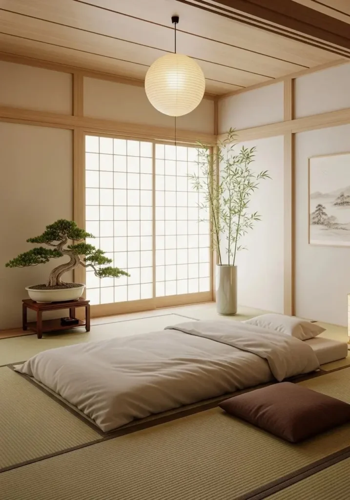 Zen-inspired Japanese bedroom with bonsai and bamboo plants