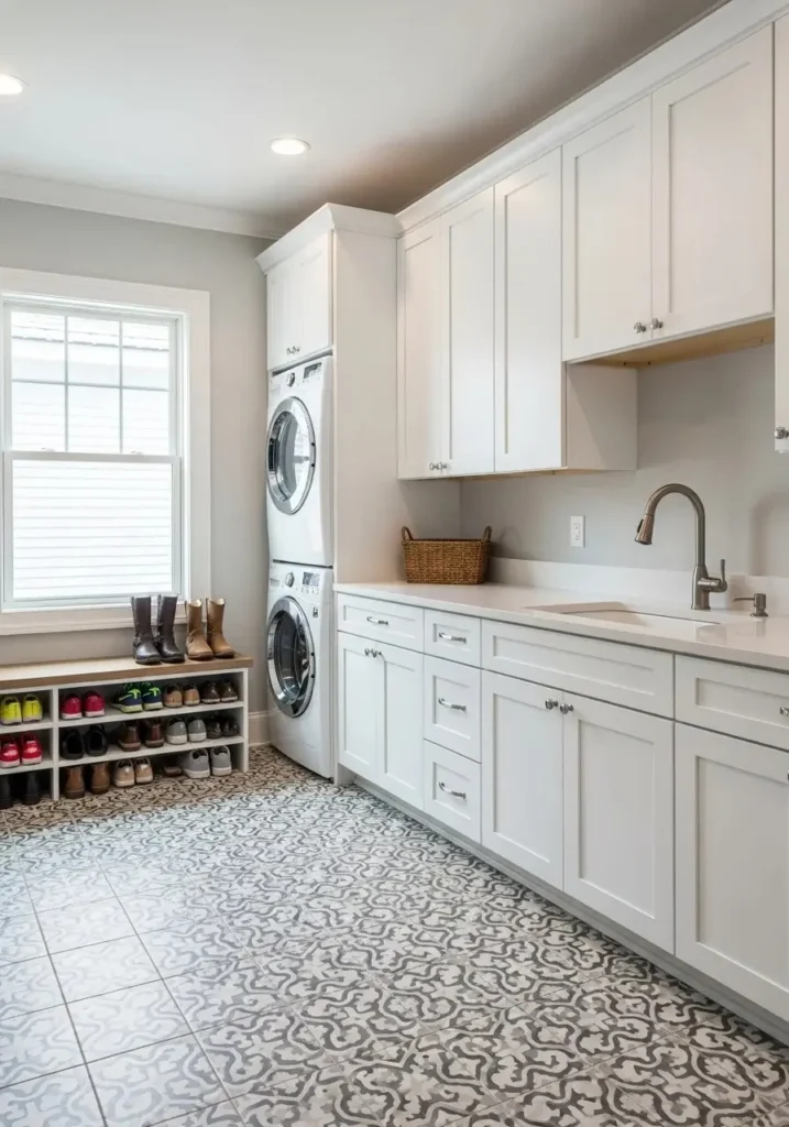 Durable neutral tile flooring in a mudroom-laundry combo for easy cleaning.
