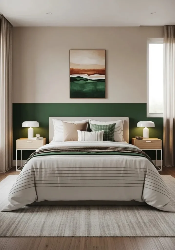 Two-tone painted accent wall in a modern bedroom.