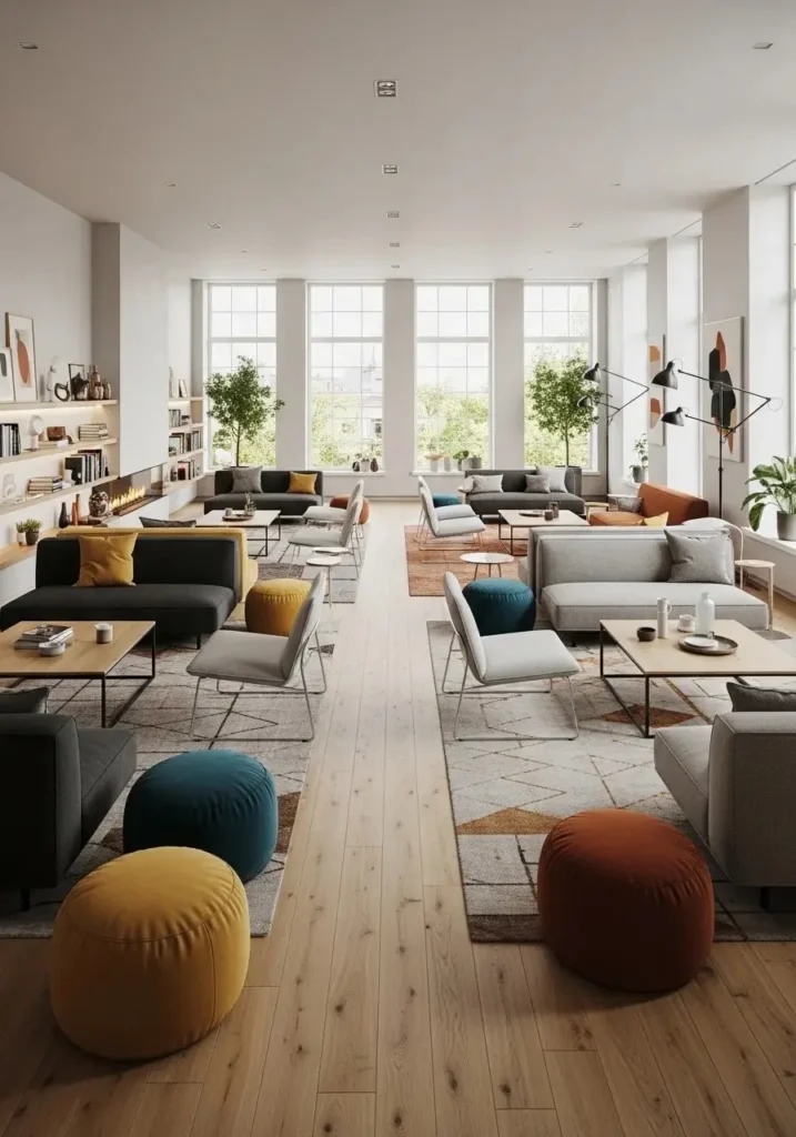 flexible furniture layout in long living room