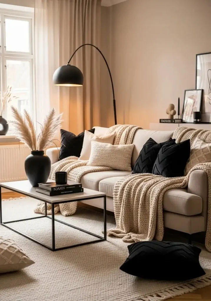 layered beige textiles with black details cozy decor idea