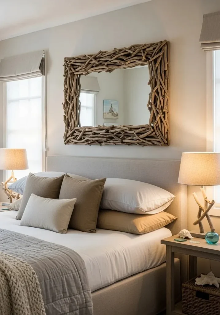 Coastal bedroom with driftwood decor adding natural texture