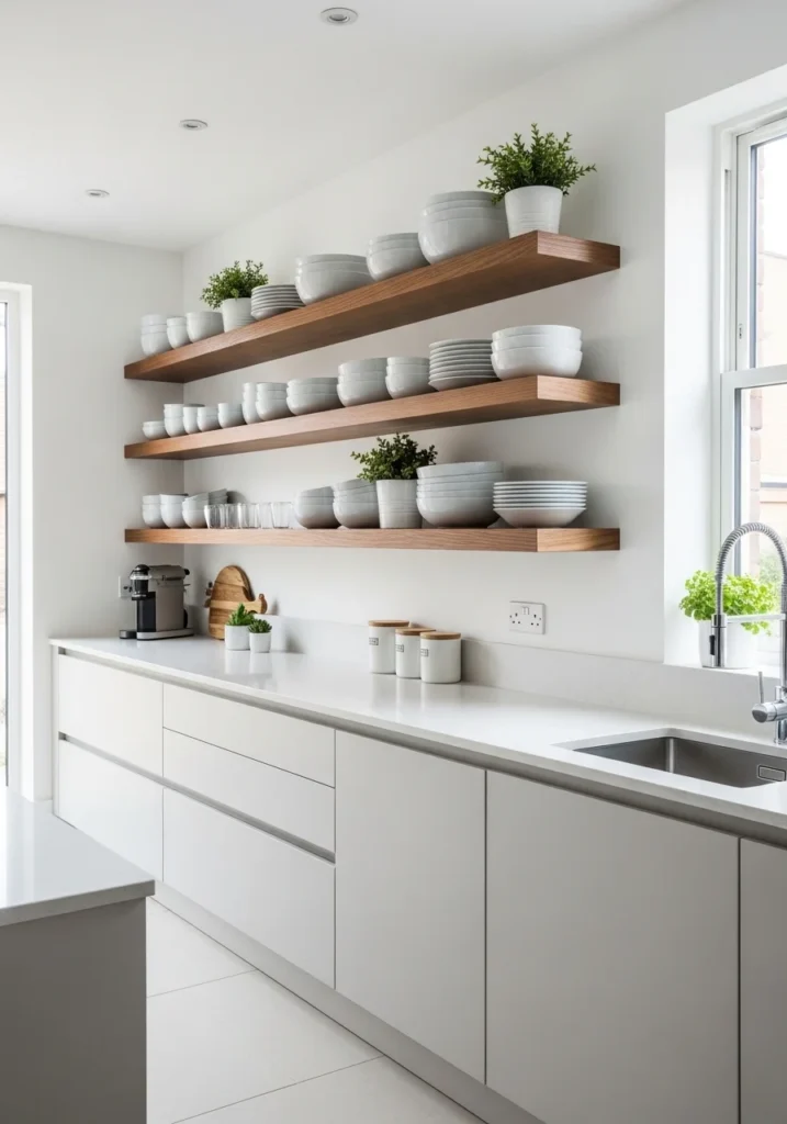 long floating shelves statement kitchen wall