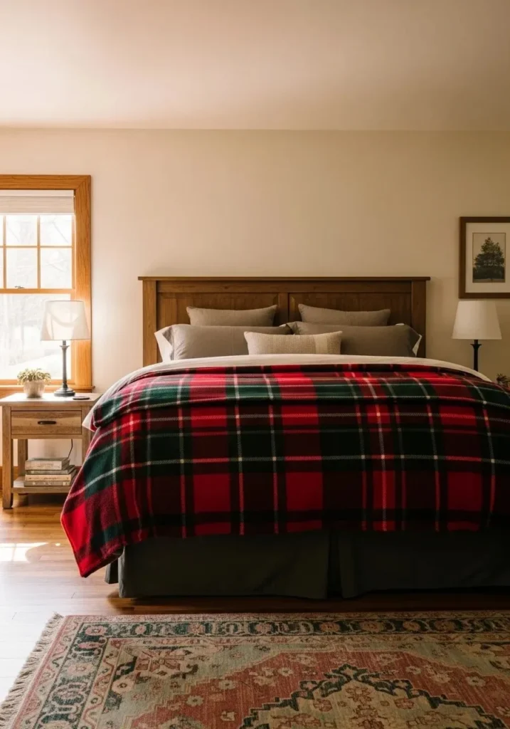Cabin bed layered with plaid blankets and flannel sheets, creating a warm and inviting rustic feel.