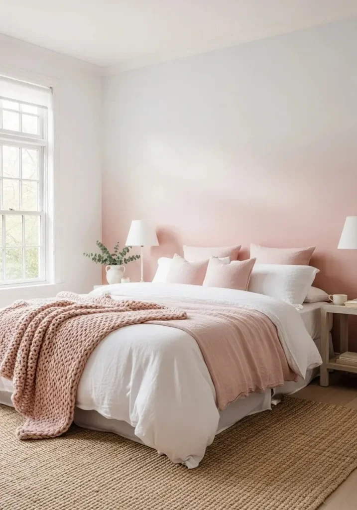 Bedroom with blush ombre wallpaper accent wall for a dreamy effect