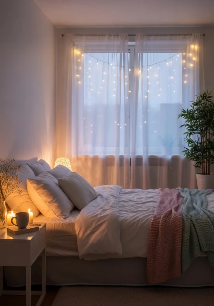 Fairy lights glowing behind sheer curtains in cozy bedroom